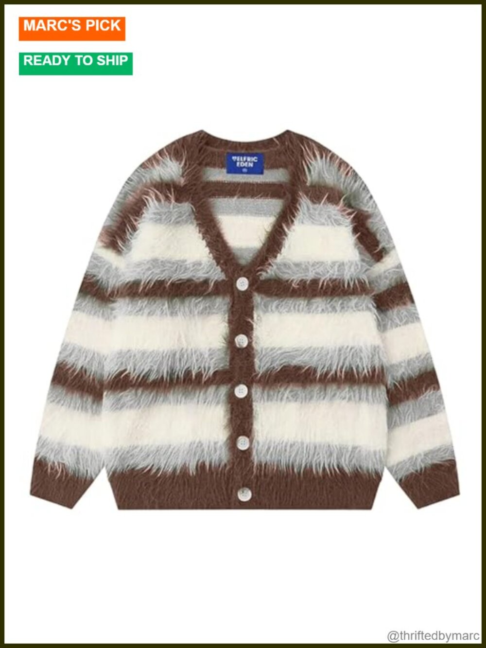 Fuzzy Striped Cardigan Oversized Button Down Knit Sweater